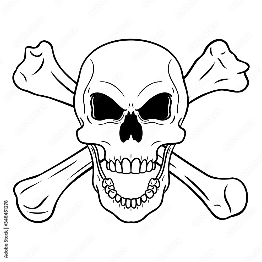 hand drawn outline comic skull with crossed bones. pirates, jolly roger, solid color.