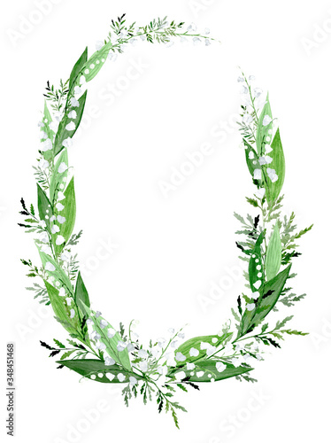 Watercolor lily of the valley wreath. Oval floral wreath.