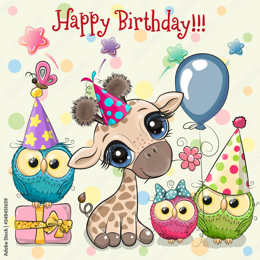 Naklejka Cute Giraffe and owls with balloon and bonnets
