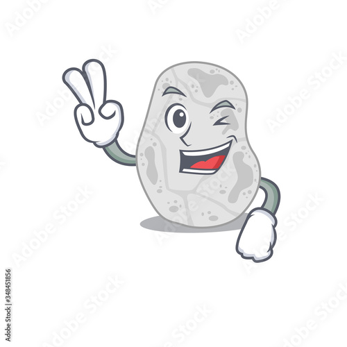 Happy white planctomycetes cartoon design concept show two fingers