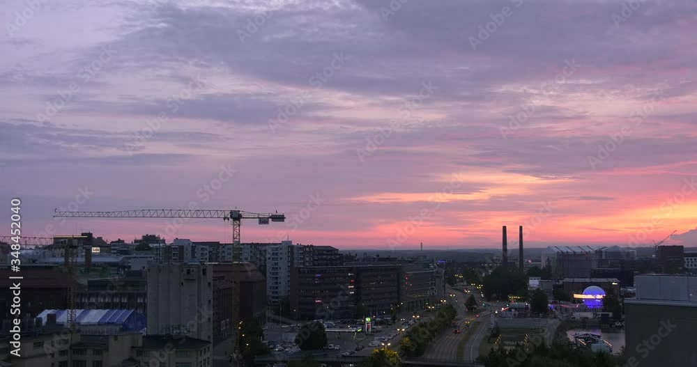 4K high quality beautiful summer sunset video of Sornainen and Hanasaari area of Helsinki from Merihaka high rise building in the capital of Finland Suomi, northern Europe 4K high quality beautiful summer sunset video of Sornainen and Hanasaari area of Helsinki from Merihaka high rise building in the capital of Finland Suomi, northern Europe
