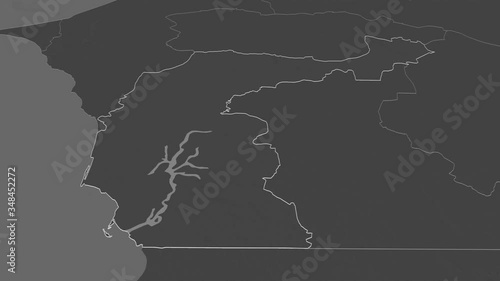 Fatick, region with its capital, zoomed and extruded on the bilevel map of Senegal in the conformal Stereographic projection. Animation 3D photo