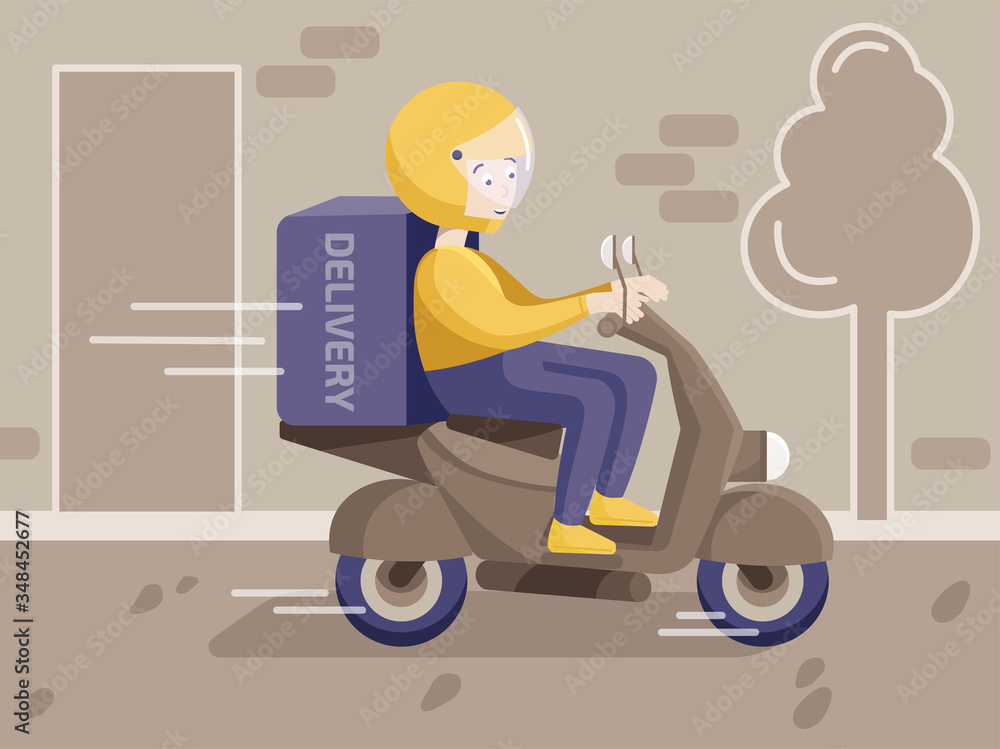 Online service food delivery, courier in uniform on the motorbike brought package to door, Food delivery services while quarantine. Stay safe concept. Flat vector illustration. Online service food delivery, courier in uniform on the motorbike brought package to door, Food delivery services while quarantine. Stay safe concept. Flat vector illustration.