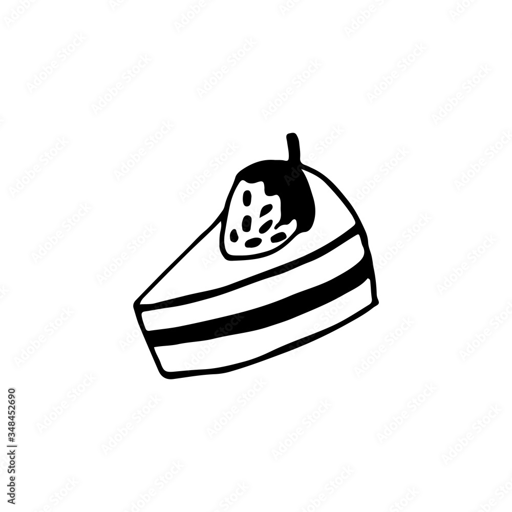Doodle style slice of cake with strawberries. Hand drawn vector illustration for cards, posters, stickers and professional design, web design, logo. Isolated on white background. Doodle style slice of cake with strawberries. Hand drawn vector illustration for cards, posters, stickers and professional design, web design, logo. Isolated on white background.