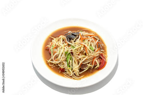 Spicy crab papaya salad, Sea Crab Somtum Salad, Thai food on White background.