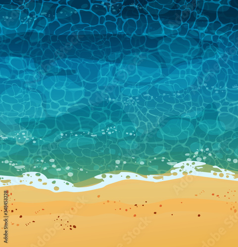 Summer seashore with sand, top view. The wave rolls onto the sand, sea foam, blue water. Cartoon vector illustration.