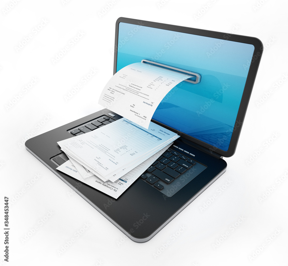 Fictitious payment receipt coming out of laptop screen. 3D illustration Fictitious payment receipt coming out of laptop screen. 3D illustration
