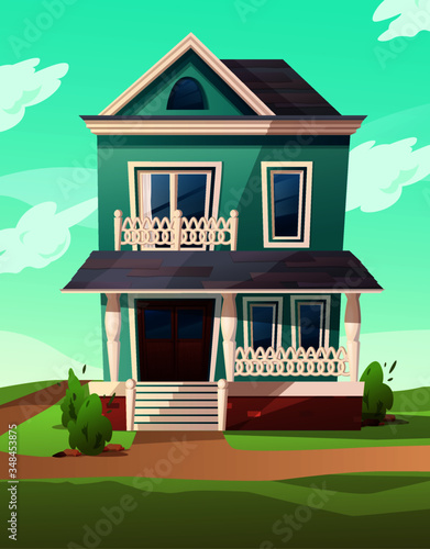 Victorian retro style building. Cartoon illustration of a green apartment house on nature landscape. Vector.