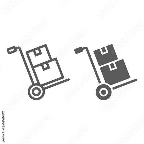 Hand truck with cardboard boxes line and glyph icon, logistic and delivery, hand dolly sign vector graphics, a linear icon on a white background, eps 10.