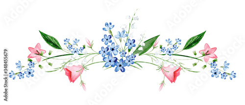Blue, white and pink flower arrangement. Wild flowers arrangement.