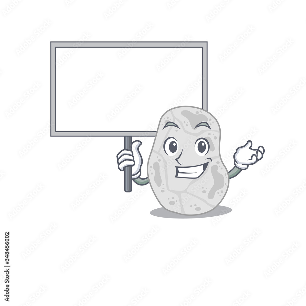 Cartoon picture of white planctomycetes mascot design style carries a board Cartoon picture of white planctomycetes mascot design style carries a board