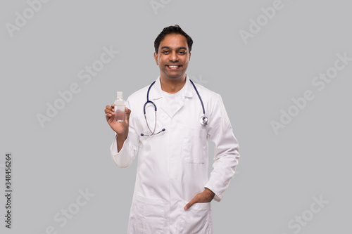 Photos Indian Man Doctor Holding Hands Sanitizer