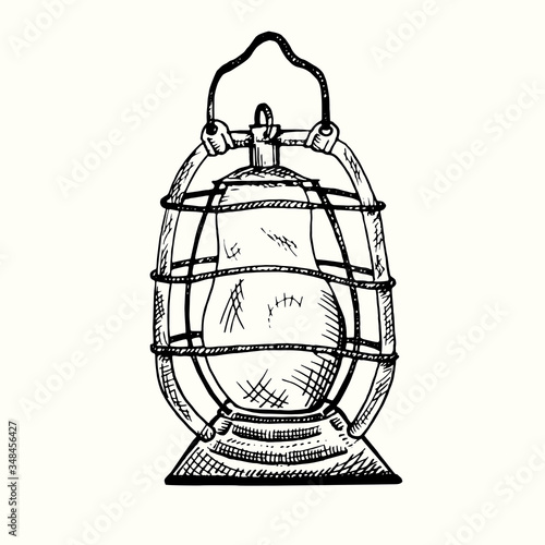 Kerosine vintage lamp, hand drawn doodle, drawing in gravure style, sketch illustration, design element