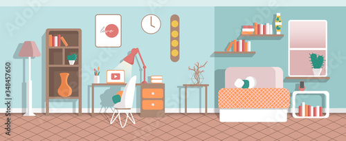 Home Office Interior Without People. Modern Workplace. Cabinet Room with Table, Lamps, Laptop, Chair. Remote Work, Freelance. Flat Vector Illustration. EPS 10
