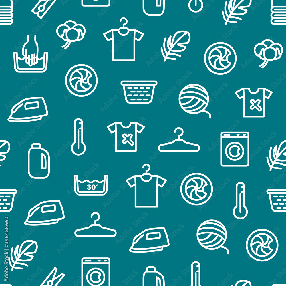 Fototapeta premium Laundry Signs Thin Line Seamless Pattern Background. Vector