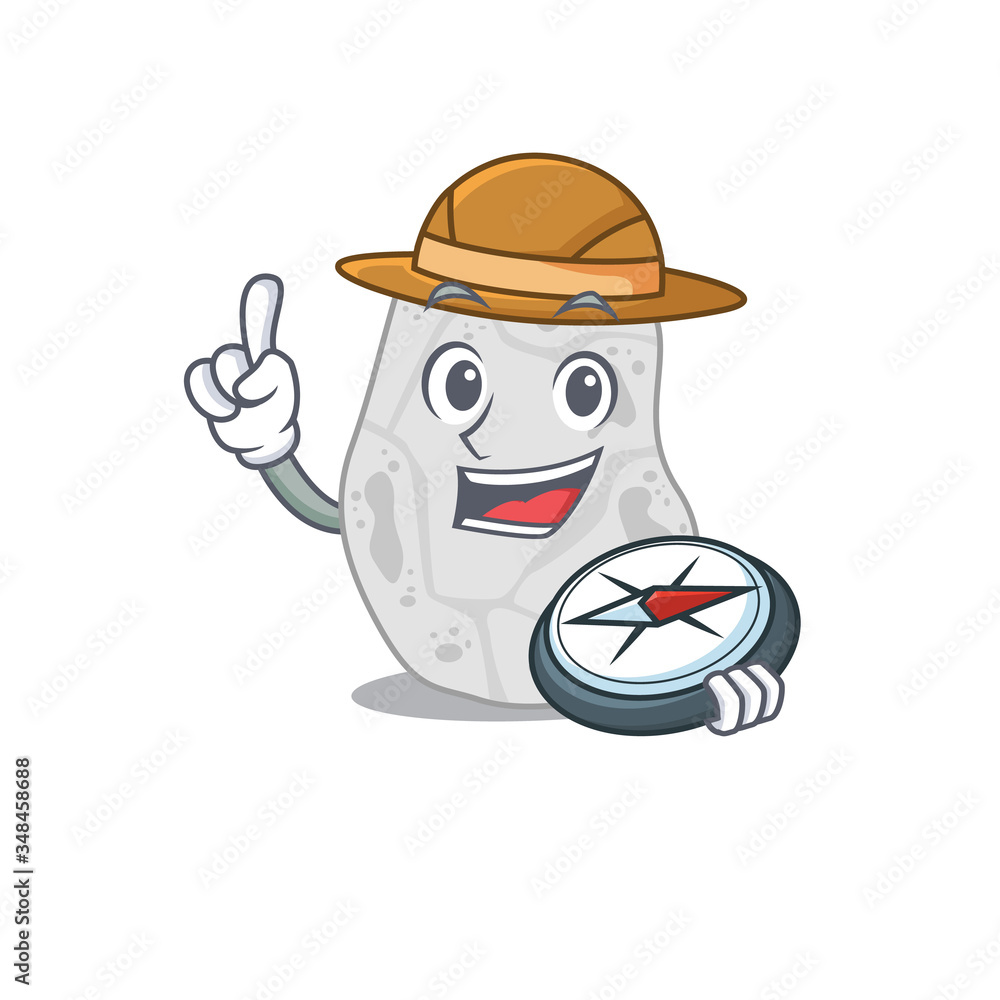 mascot design concept of white planctomycetes explorer using a compass in the forest