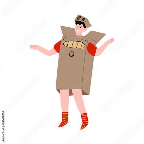 Happy smiling boy character in a robot costume made from the cardboard box. Vector illustration in cartoon style.
