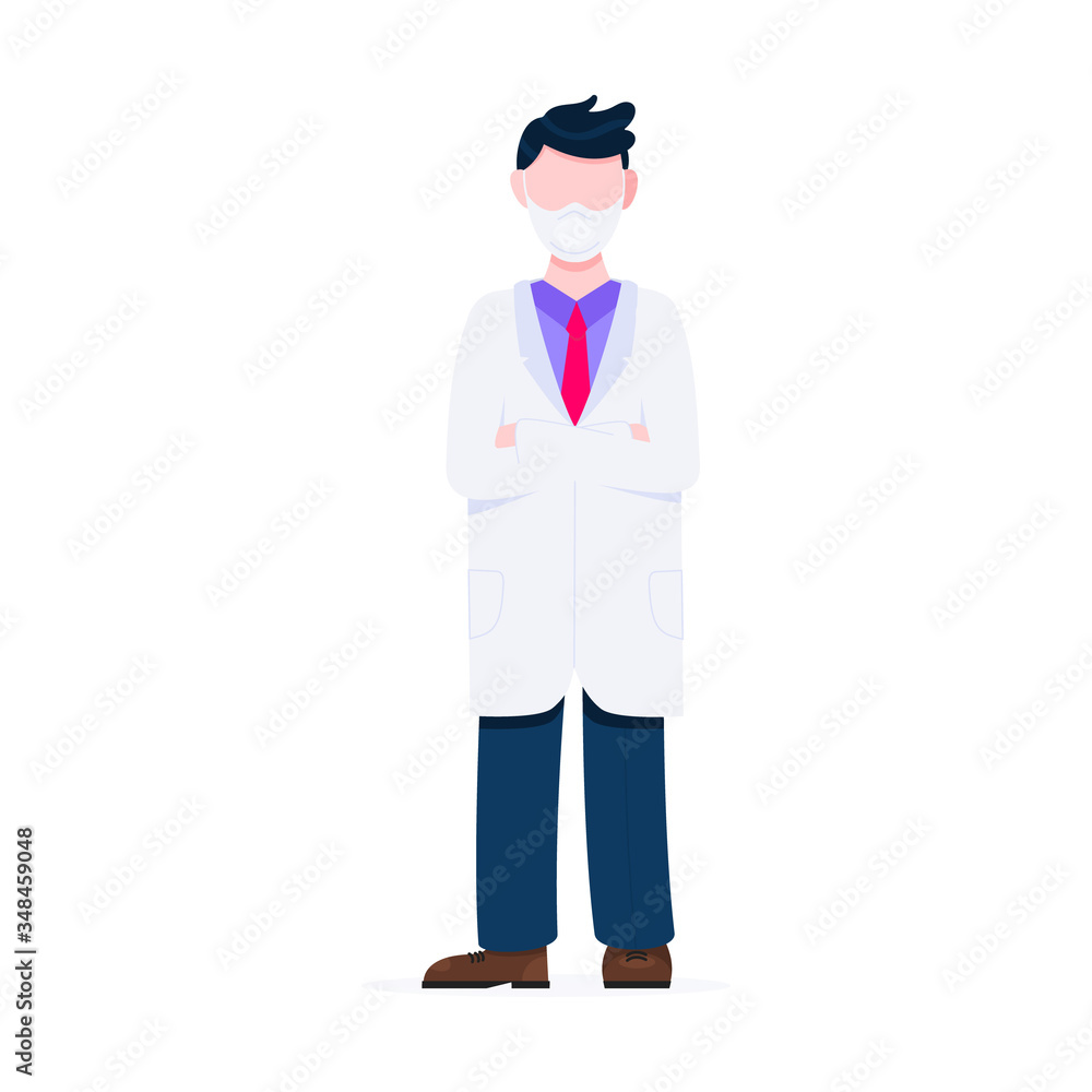 Doctor standing and hold crossing his hands flat style design vector illustration isolated on white background. Medical center hospital employee. Doctor standing and hold crossing his hands flat style design vector illustration isolated on white background. Medical center hospital employee.