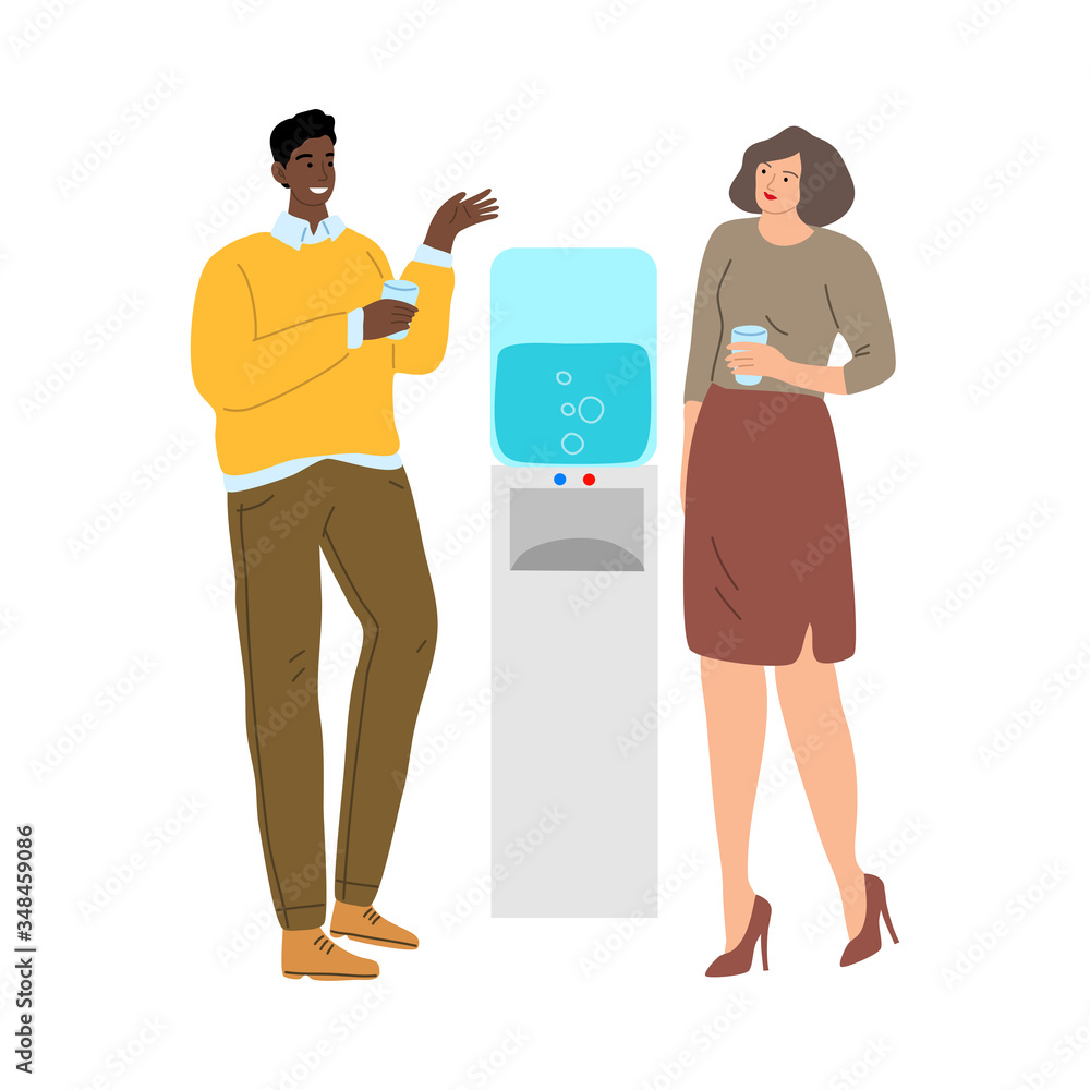 Cute couple of young man and woman drinking water from the cooler. Vector illustration in cartoon style. Cute couple of young man and woman drinking water from the cooler. Vector illustration in cartoon style.