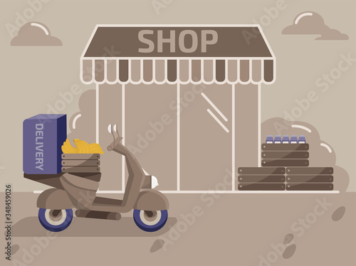 Order grocery online with home delivery. Order with smartphone and pay with credit card. Vector illustration in flat style