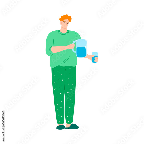 The young man in green home clothes standing with a bottle and glass of water. Vector illustration in cartoon style.