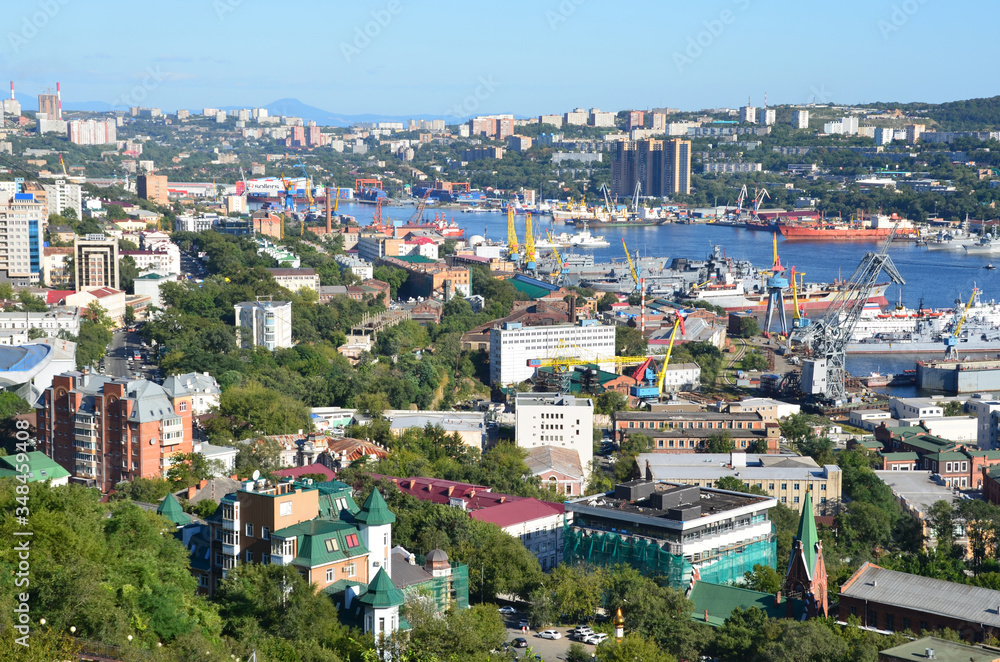 General view of the city of Vladivostok in summer in clear weather