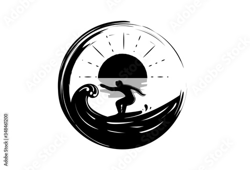 surfing with waves and sunset as the logo design inspiration