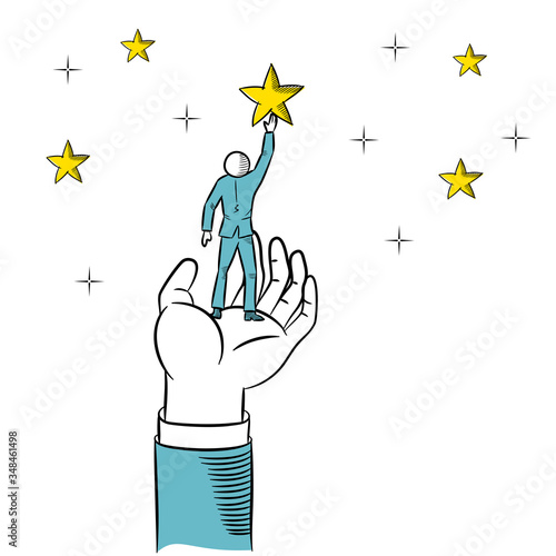 Doodle of giant hand helping a businessman to reach out for the stars. Business vector illustration.