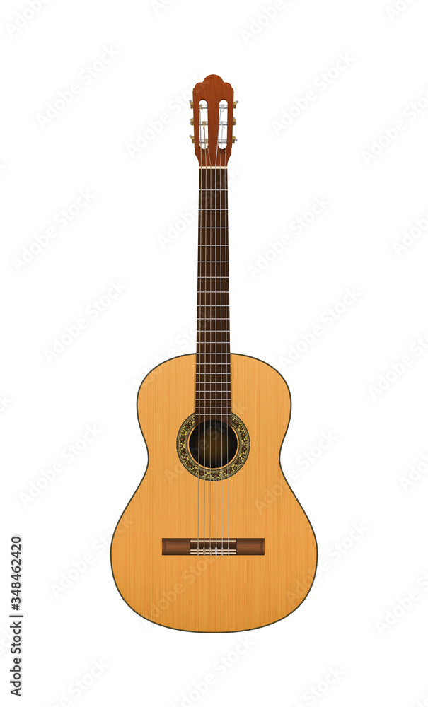 Vector detailed acoustic guitar with wood texture and brush for sound hole isolated on white background. Vector illustration. Classical guitar