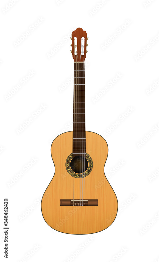 Fototapeta premium Vector detailed acoustic guitar with wood texture and brush for sound hole isolated on white background. Vector illustration. Classical guitar