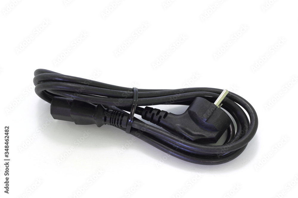 Fixed standard power cable for computer or monitor. Product image on a white background. Fixed standard power cable for computer or monitor. Product image on a white background.