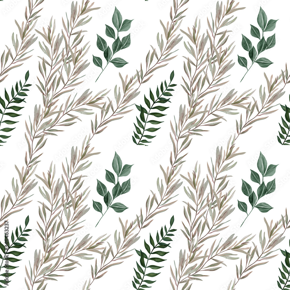 Fototapeta premium Seamless pattern with olive branch and green leaves.