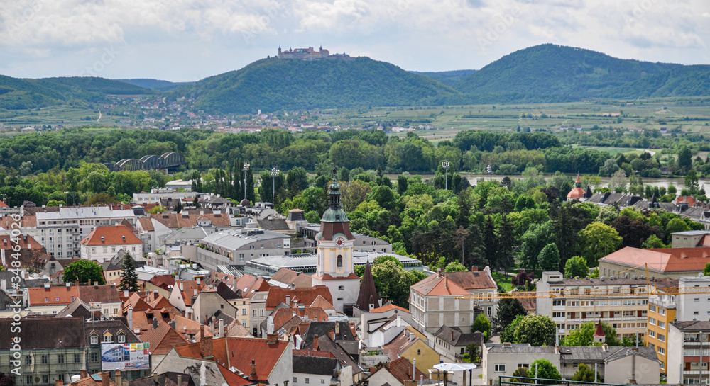 Krems city aerial panoramic view. Krems an der Donau is a small town located in Wachau Valley in Austria.
