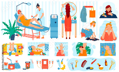 Beauty procedures, skin care treatment, spa cosmetology people cartoon characters, vector illustration. Manicure and pedicure for beautiful women, beard grooming for men. Face and hands hygiene salon