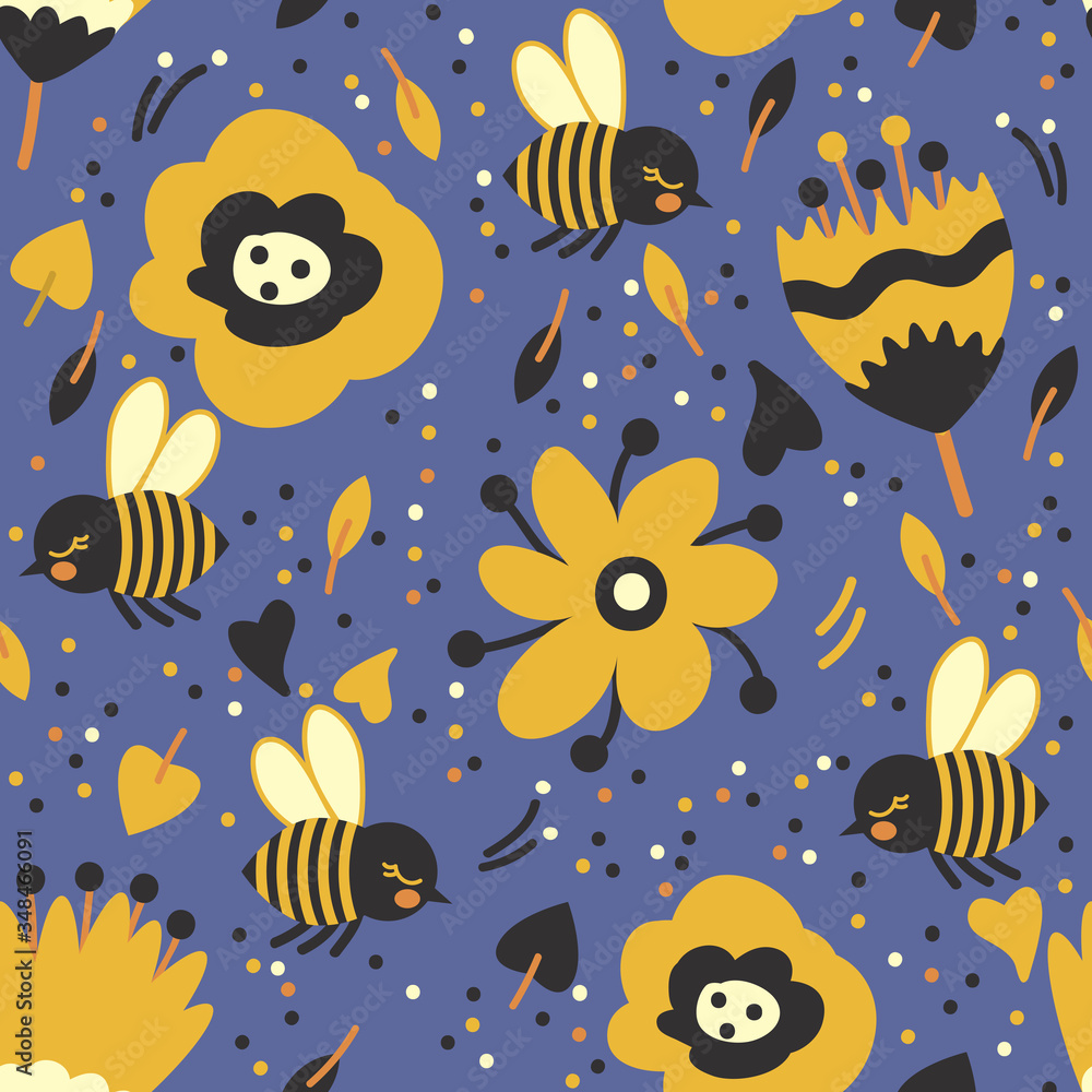 seamless pattern with cute bees and flowers on blue background seamless pattern with cute bees and flowers on blue background