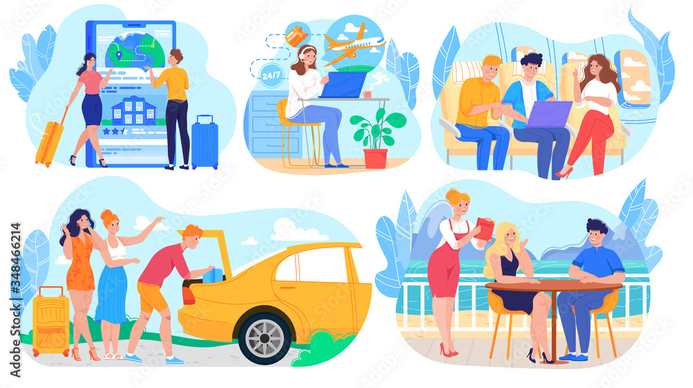 People travel by plane and car, business trip or summer vacation, set of cartoon characters, vector illustration. Road trip with friends, romantic date in beach cafe. Tickets and hotel booking service