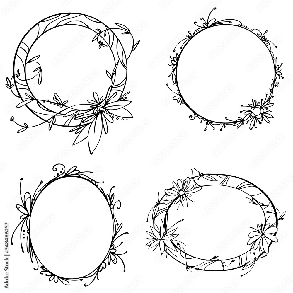 Set of floral graphic circle frames. Set of floral graphic circle frames.