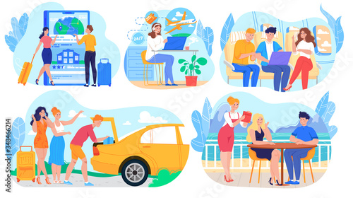 People travel by plane and car, business trip or summer vacation, set of cartoon characters, vector illustration. Road trip with friends, romantic date in beach cafe. Tickets and hotel booking service