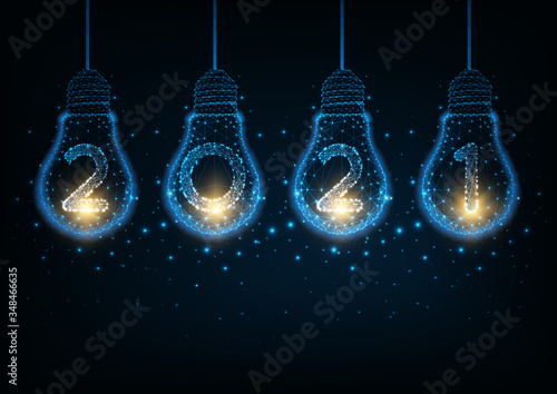 Futuristic Happy 2021 New Year hi tech concept with illuminated glowing low polygonal light bulbs