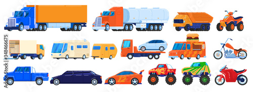 Cars isolated on white, trucks and industrial vehicles set, motorcycle and camper van, vector illustration. Commercial and private transport, tow truck, racing car. Delivery service, cargo lorry icon