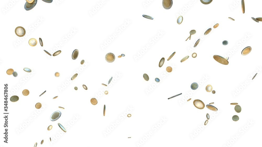 Euro coins flying in slow motion, against white Euro coins flying in slow motion, against white