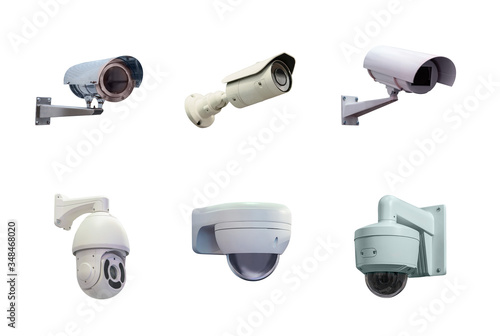six modern video camera for tracking the situation at the facility isolated on white background