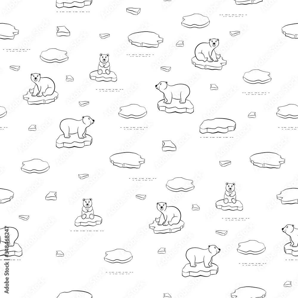 Seamless pattern of Polar Bear, Isolated outline white bears, Arctic, ocean, icebergs and ice. Illustration great for wallpaper, textile and texture design. Kids design, fabric, wrapping, apparel.