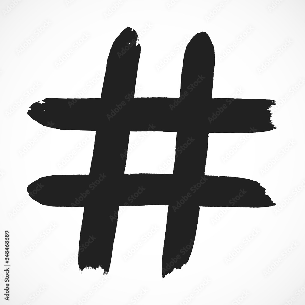 Obraz premium Hashtag hand drawn brush stroke dirty art symbol icon sign isolated on white background. Black and white composition of the symbol hashtag.
