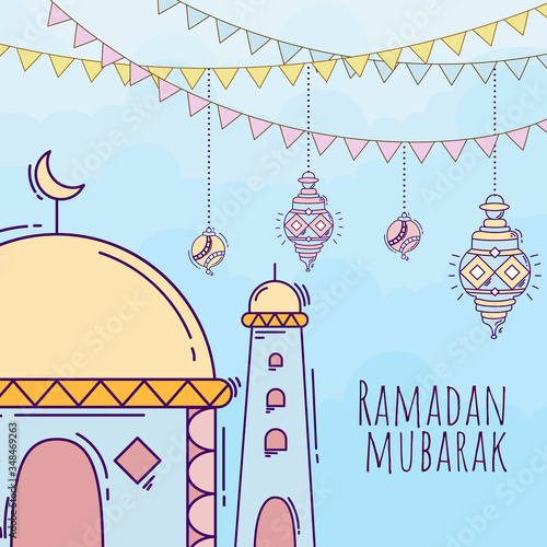 Ramadan kareem background with hand drawn doodle of islamic ornament, mosque, lantern, and garlands. Greeting card for islamic holy month festival, ramadan mubarak.