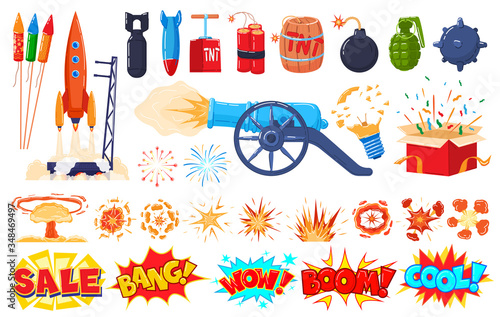 Explosion icons set isolated on white, cartoon blast, bomb and firework stickers, vector illustration. Firing cannon, rocket launch, dynamite, exploding light bulb and fire cracker. Explode collection