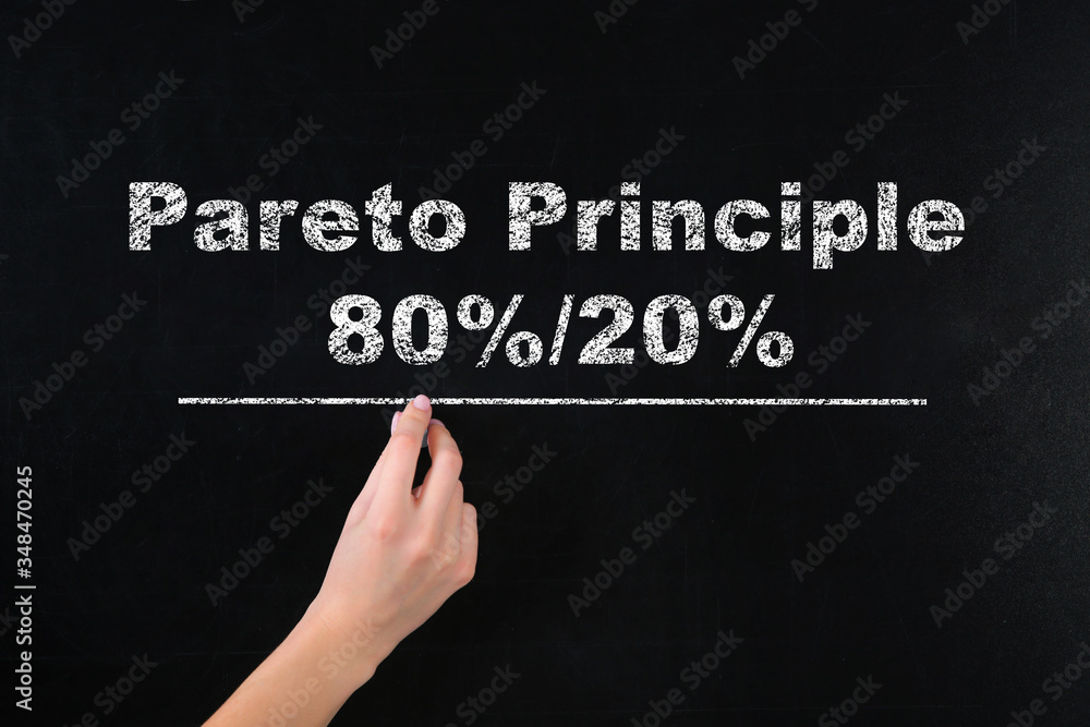 Pareto principle concept. Woman writing 80%/20% on chalkboard, closeup Pareto principle concept. Woman writing 80%/20% on chalkboard, closeup