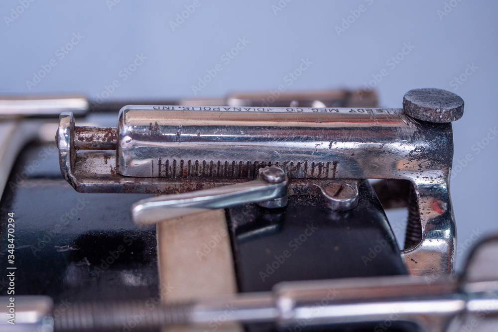 Antique snare drum with black shell close up shot of throw off