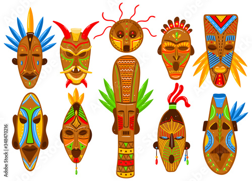 Ethnic mask set isolated on white, African tribal ritual totem, ceremonial idol avatar, vector illustration. Native folk style mask, primitive tribe cult icons, indigenous ethnic traditions of Africa