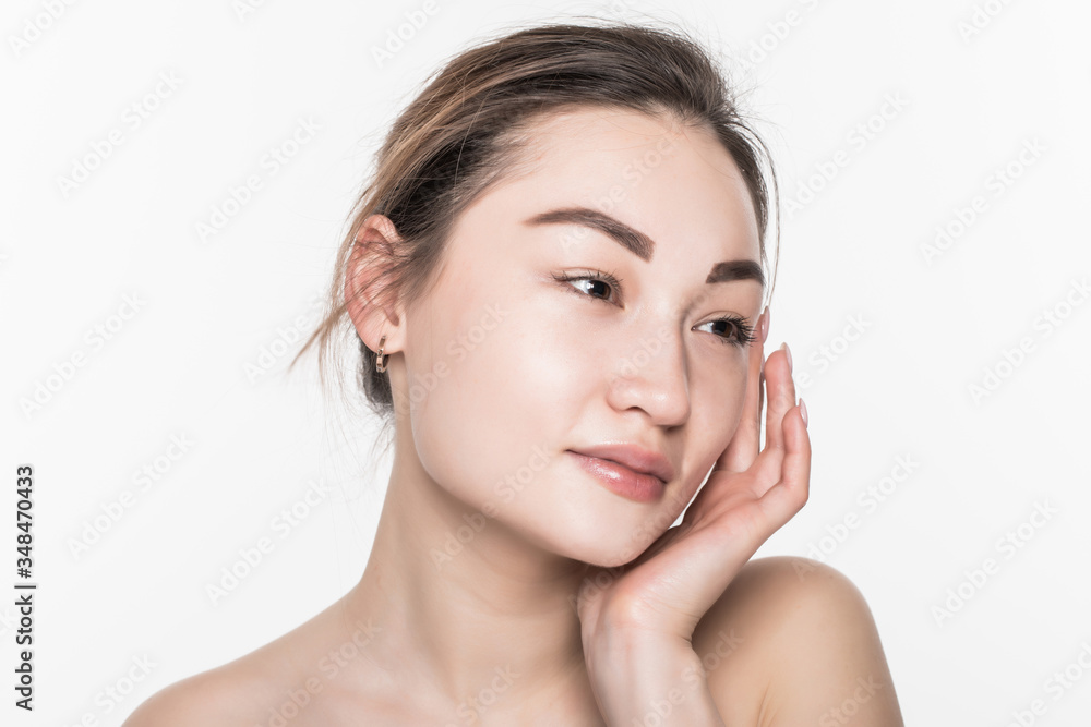 Asian beauty face closeup portrait with clean and fresh elegant lady isolated on white background